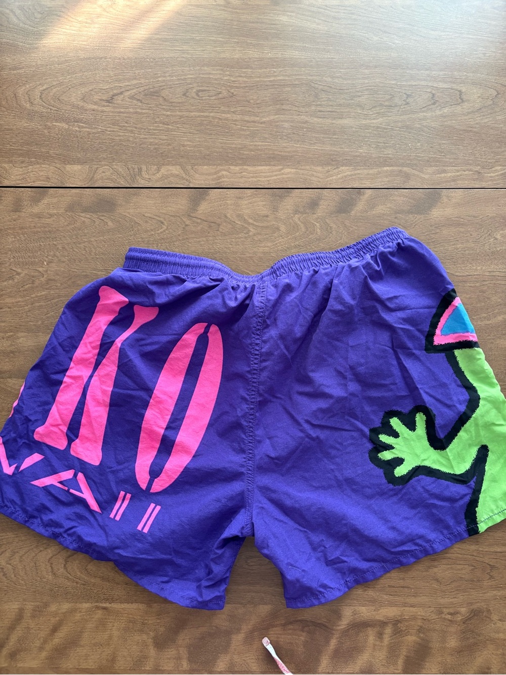 Vintage Gecko Hawaii Purple Graphic Swim Shorts with Neon Accents - Picture 5 of 9